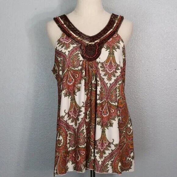 Studio Y Boho Beaded Sequined Sleeveless Blouse Size L - Picture 3 of 10